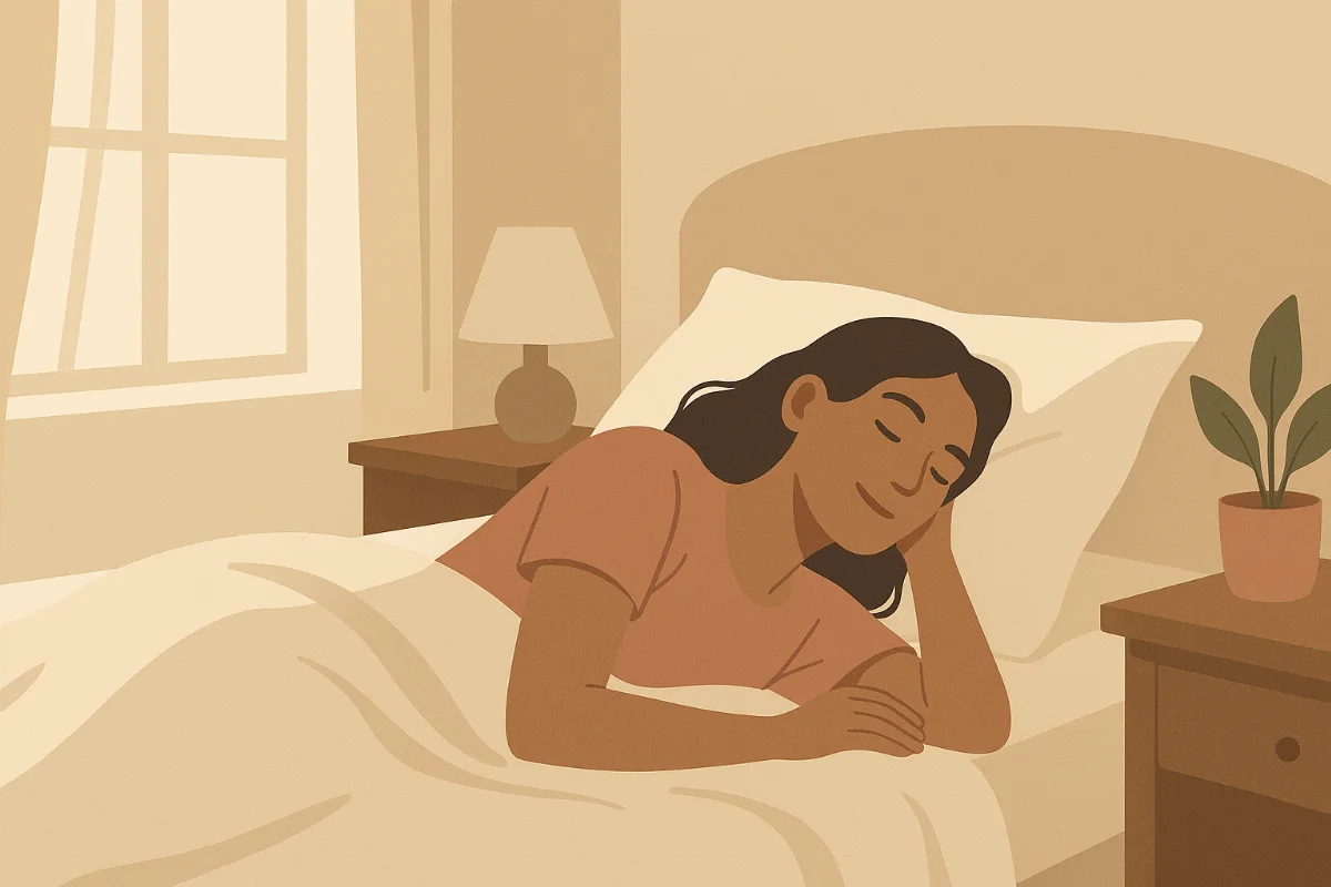 Eine Frau schläft entspannt im Bett, sanftes Morgenlicht, ruhige und positive Stimmung, minimalistischer Stil