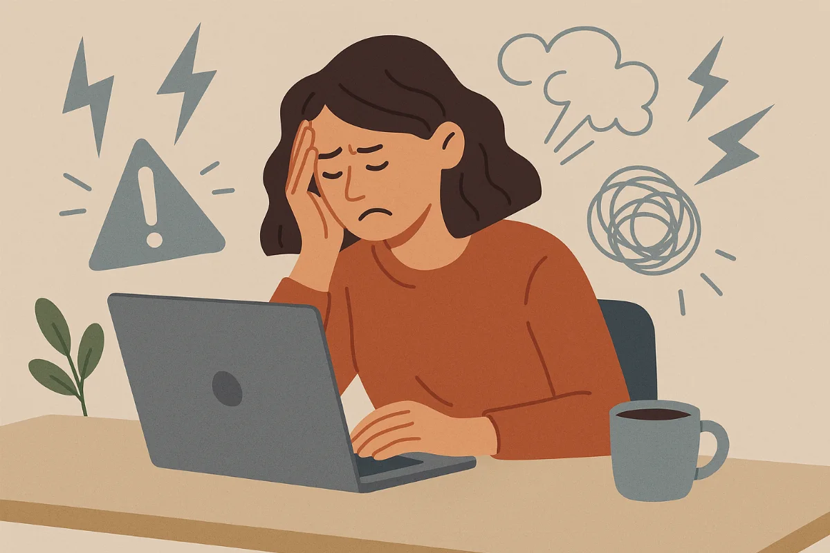 Eine gestresste Frau am Schreibtisch mit Laptop und Kaffeetasse, dezent überzeichnete Symbole für Stress im Hintergrund