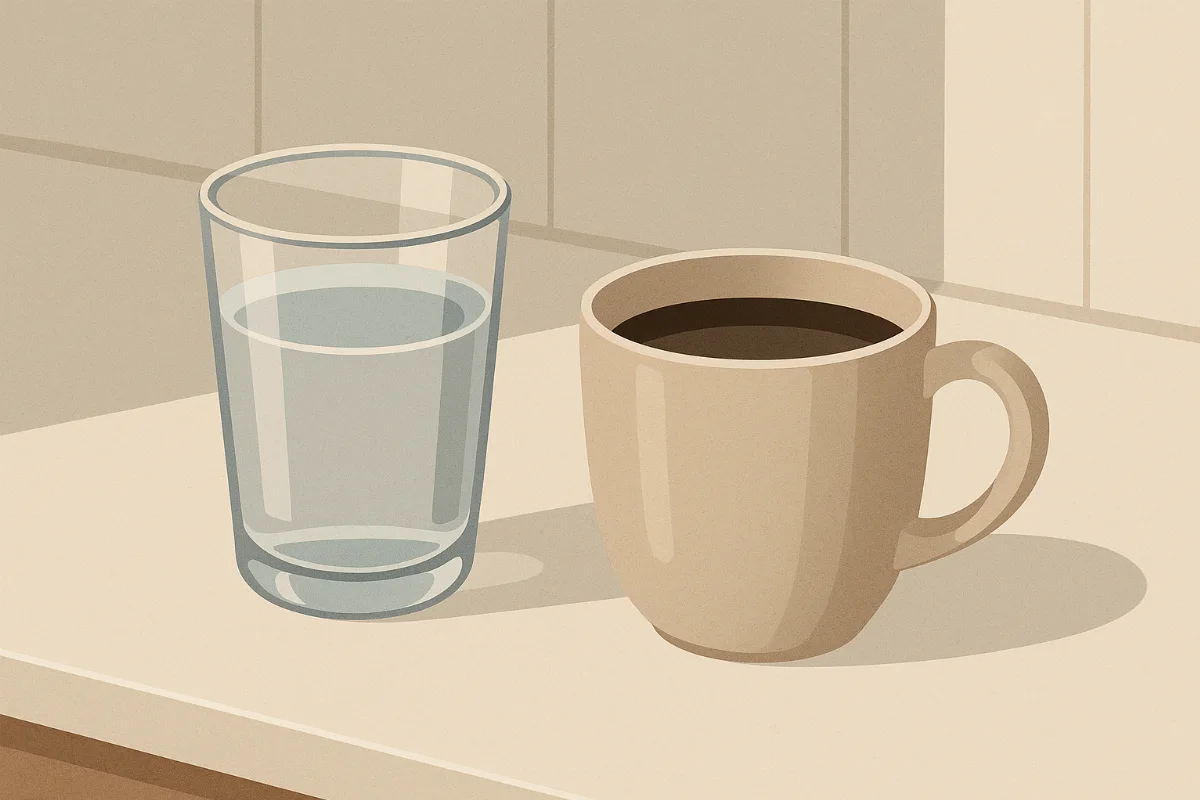 Ein Glas Wasser und eine Tasse schwarzer Kaffee nebeneinander auf einem hellen Küchentisch, frisches und einladendes