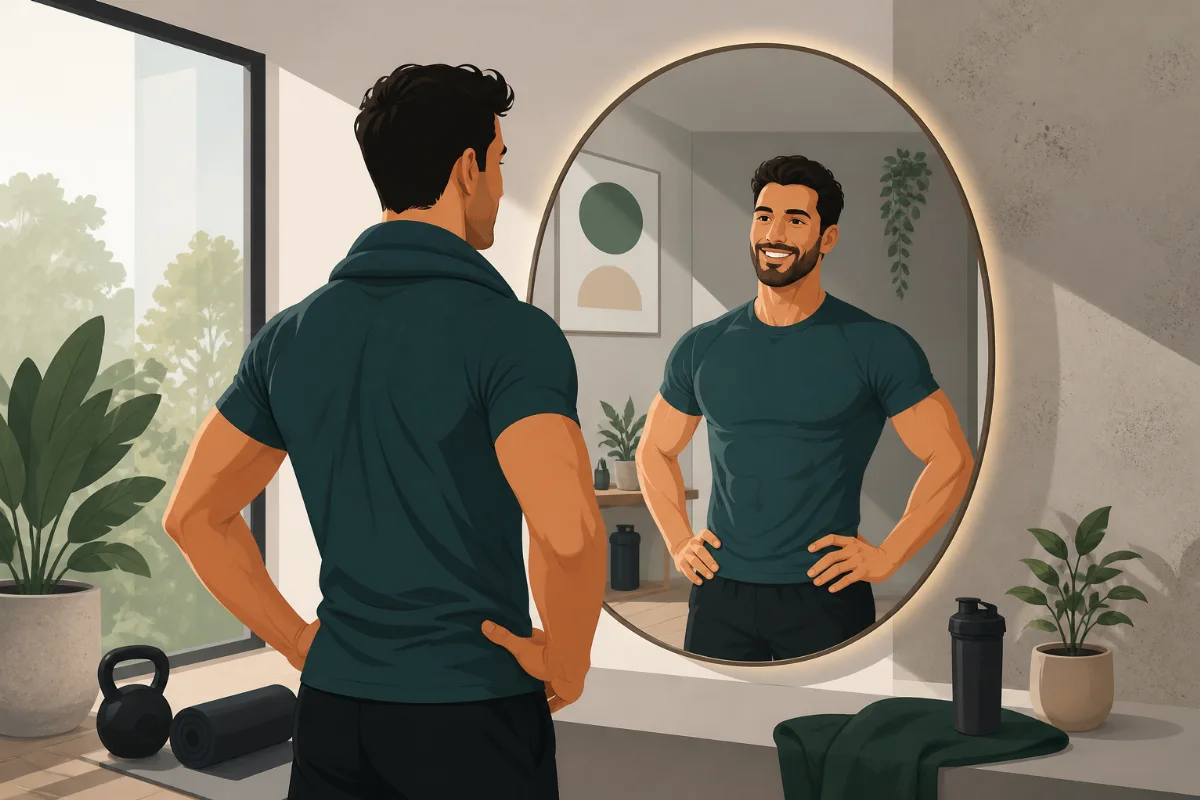 Fitter Mensch, der lächelnd nach einem Workout in den Spiegel schaut, Symbolbild für sichtbaren Fortschritt 2026