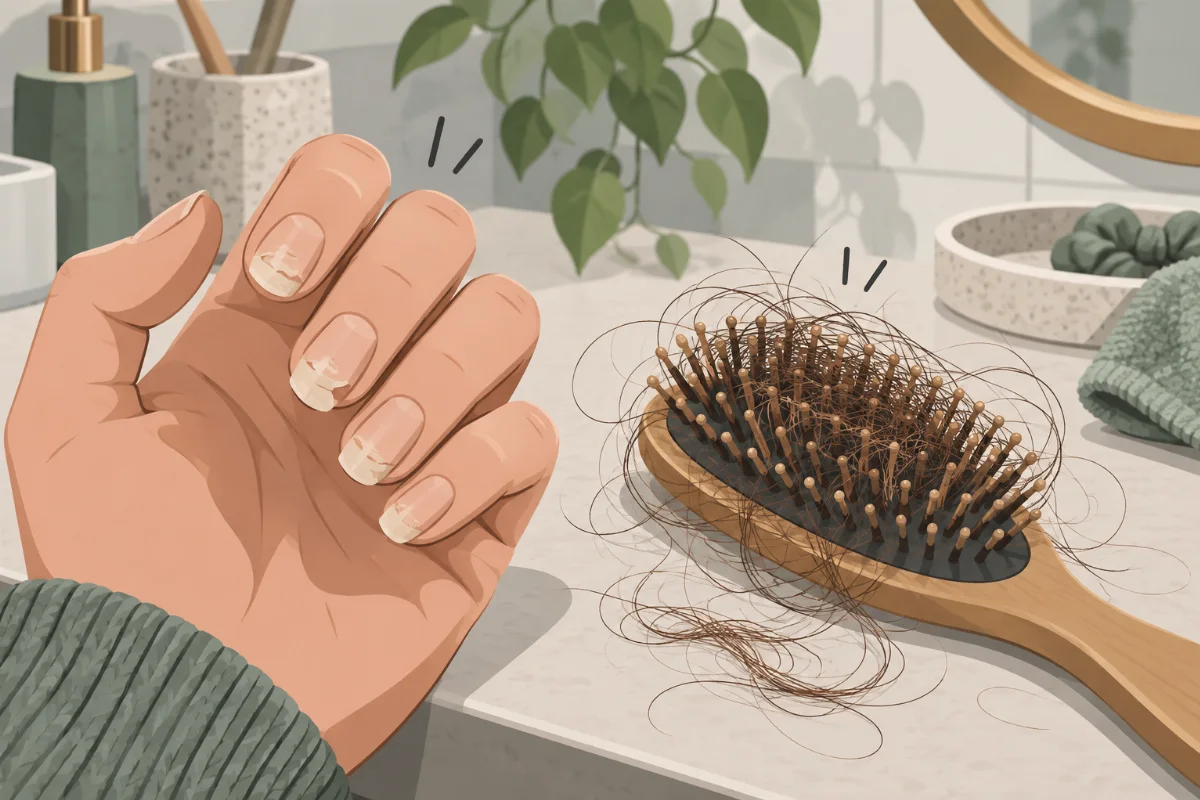 Illustrative Nahaufnahme von brüchigen Fingernägeln und ausfallenden Haaren auf einer Haarbürste, sachlich-neutrale