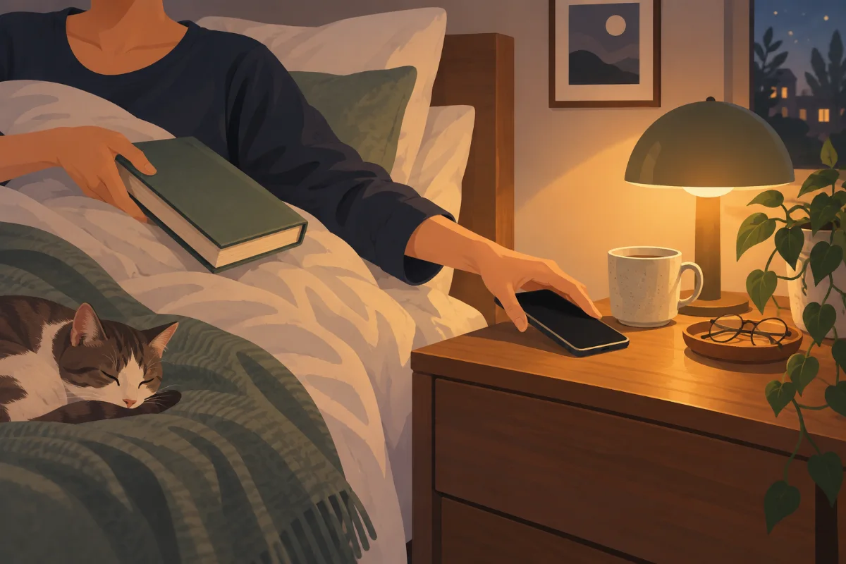 Person legt Smartphone auf den Nachttisch und greift stattdessen zu einem Buch, warmes gedimmtes Licht, entspannte