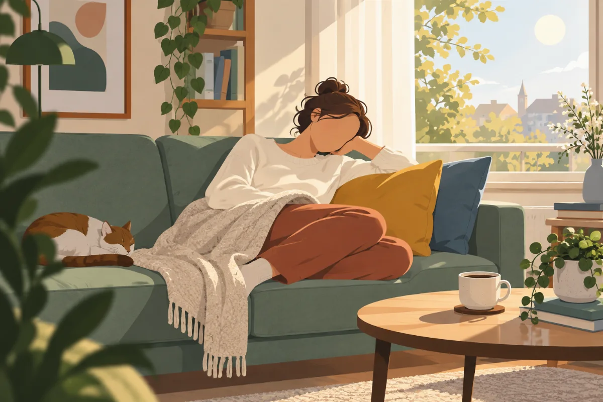Eine Person nickt entspannt auf einem Sofa ein, eine halbleere Kaffeetasse steht daneben, gemütliche Mittagslicht-Stimmung