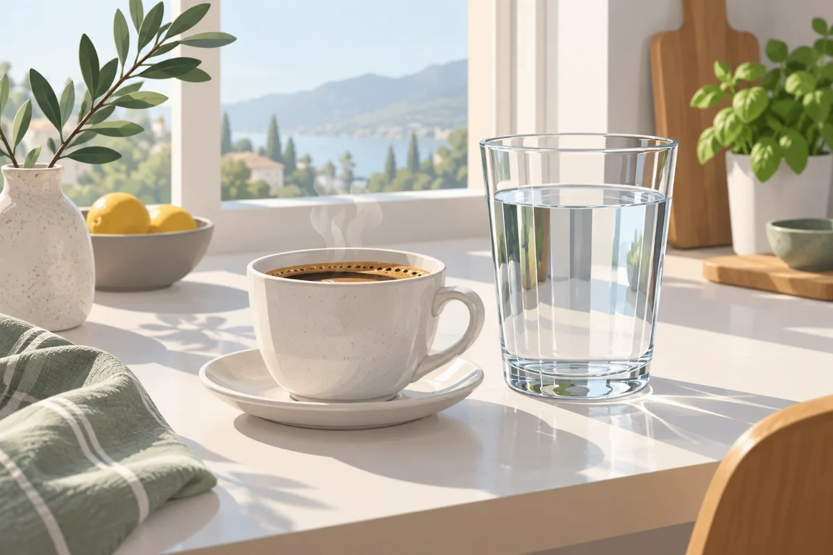 Eine Kaffeetasse und ein großes Glas Wasser nebeneinander auf einem hellen Küchentisch, frisch und einladend fotografiert