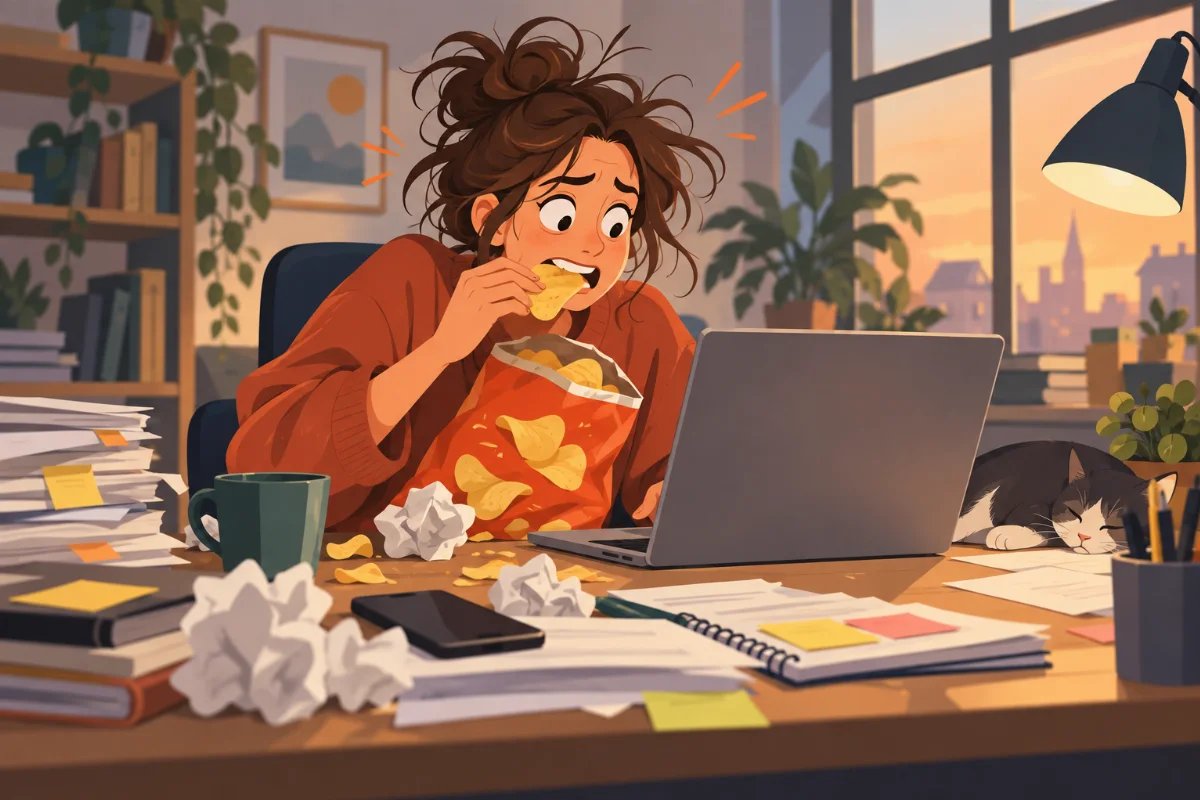 Humorvolle Illustration einer Person, die vor dem Laptop im Stress sitzt und gleichzeitig aus einer großen Chipstüte isst