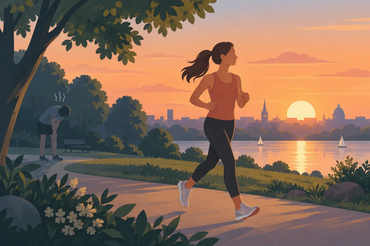 Person joggt entspannt im Park bei Sonnenuntergang, im Kontrast dazu kleine Symbolik erschöpfter Sportler im Hintergrund