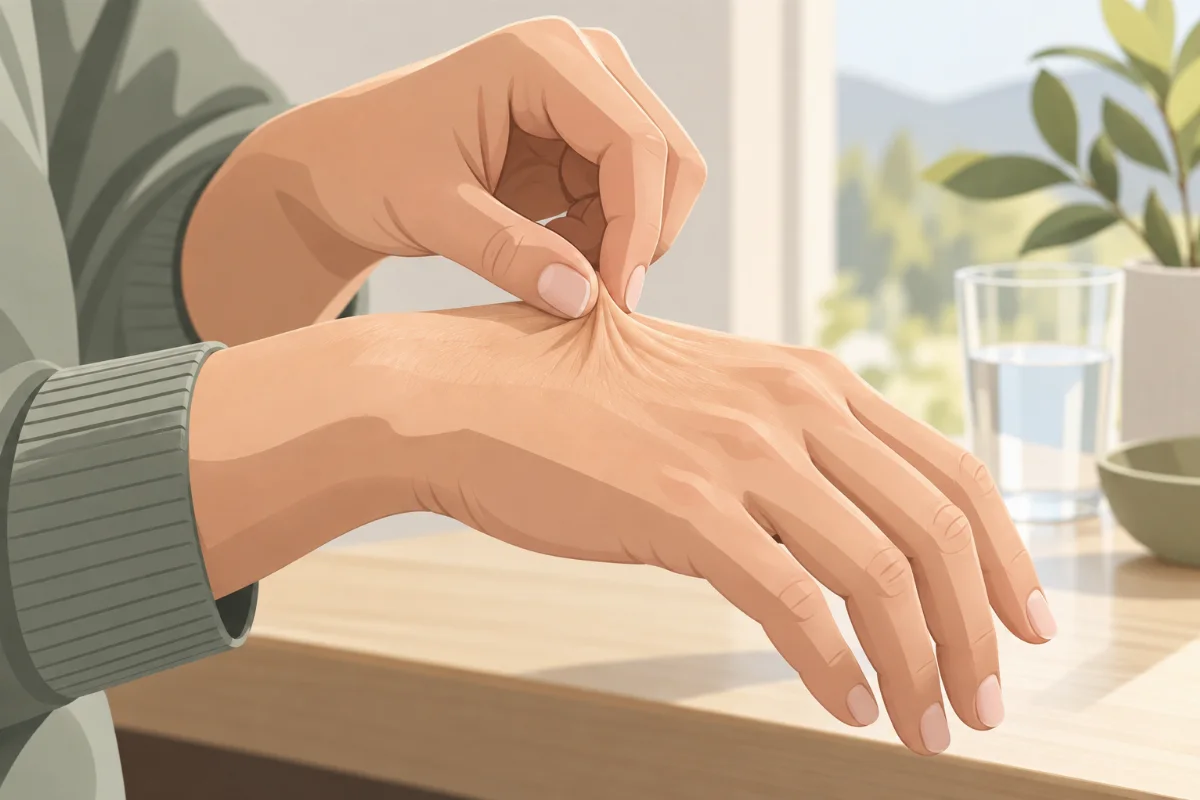Nahaufnahme einer Hand, die eine Hautfalte am Handrücken testet, freundliches Tageslicht, erklärender Charakter