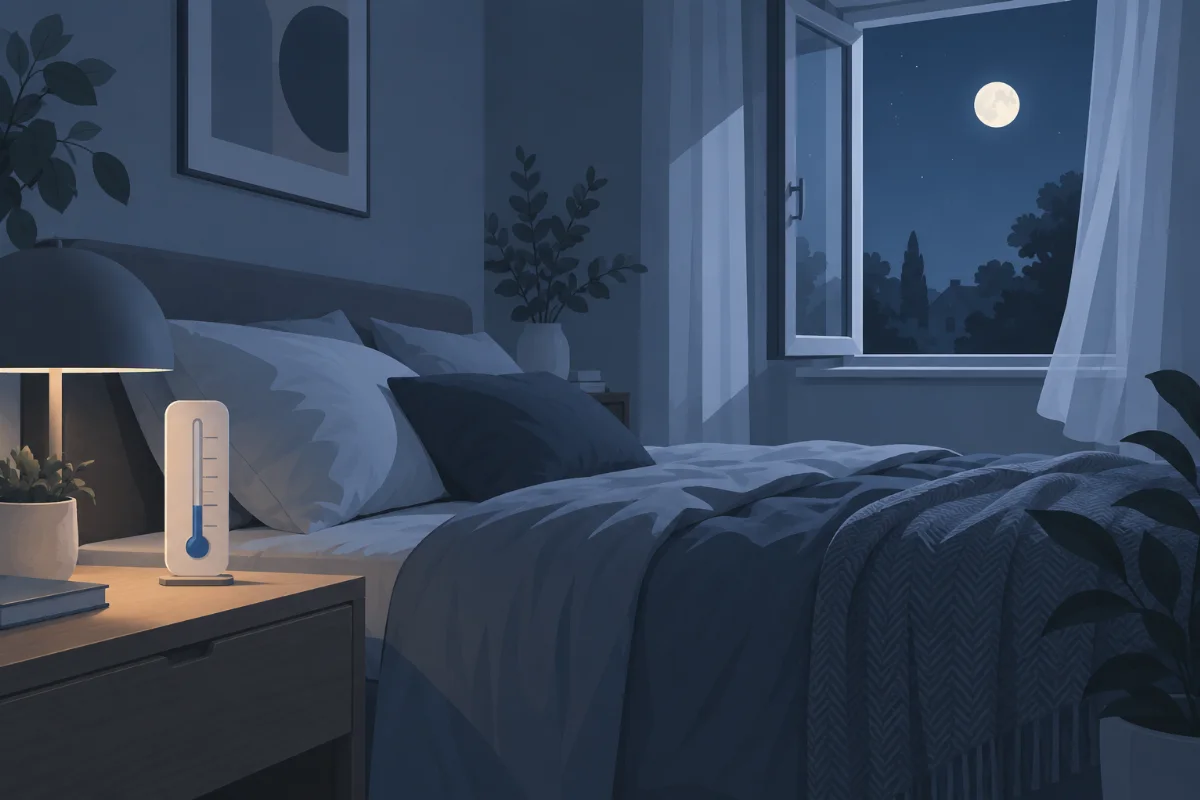Minimalistisches Schlafzimmer mit leicht geöffnetem Fenster, Thermometer auf dem Nachttisch zeigt kühle Temperatur, kühle