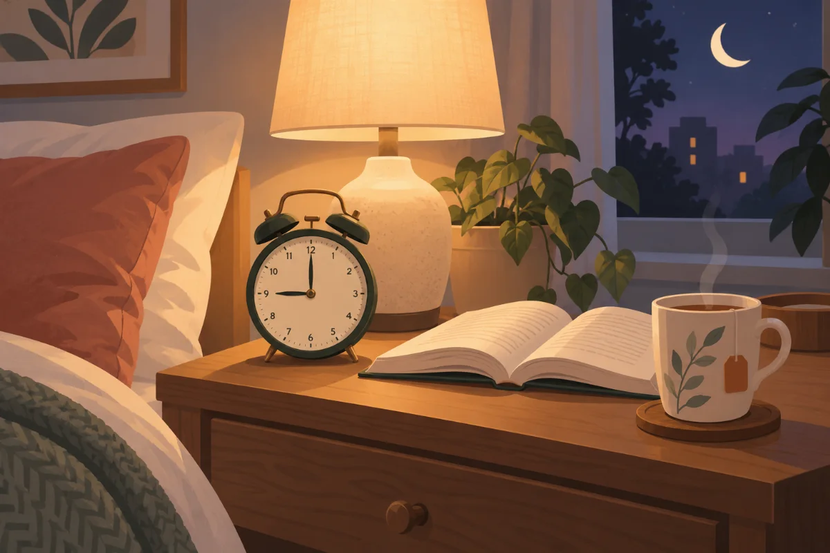 Nachttisch mit Wecker, der eine feste Uhrzeit zeigt, daneben ein aufgeschlagenes Buch und eine Tasse Tee, gemütliches warmes