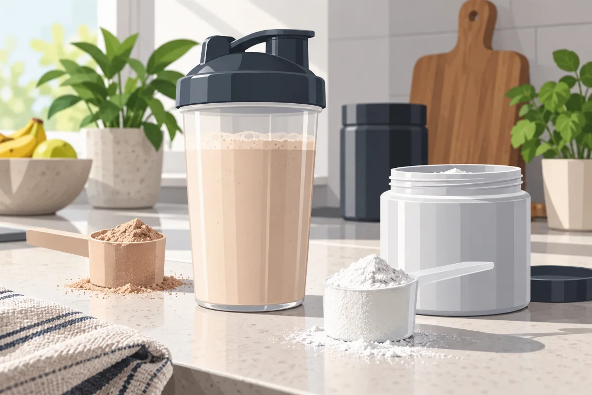 Nahaufnahme eines Proteinshakes mit Messlöffel und Kreatin-Pulver auf einer Küchentheke, natürliches Licht, frisch und
