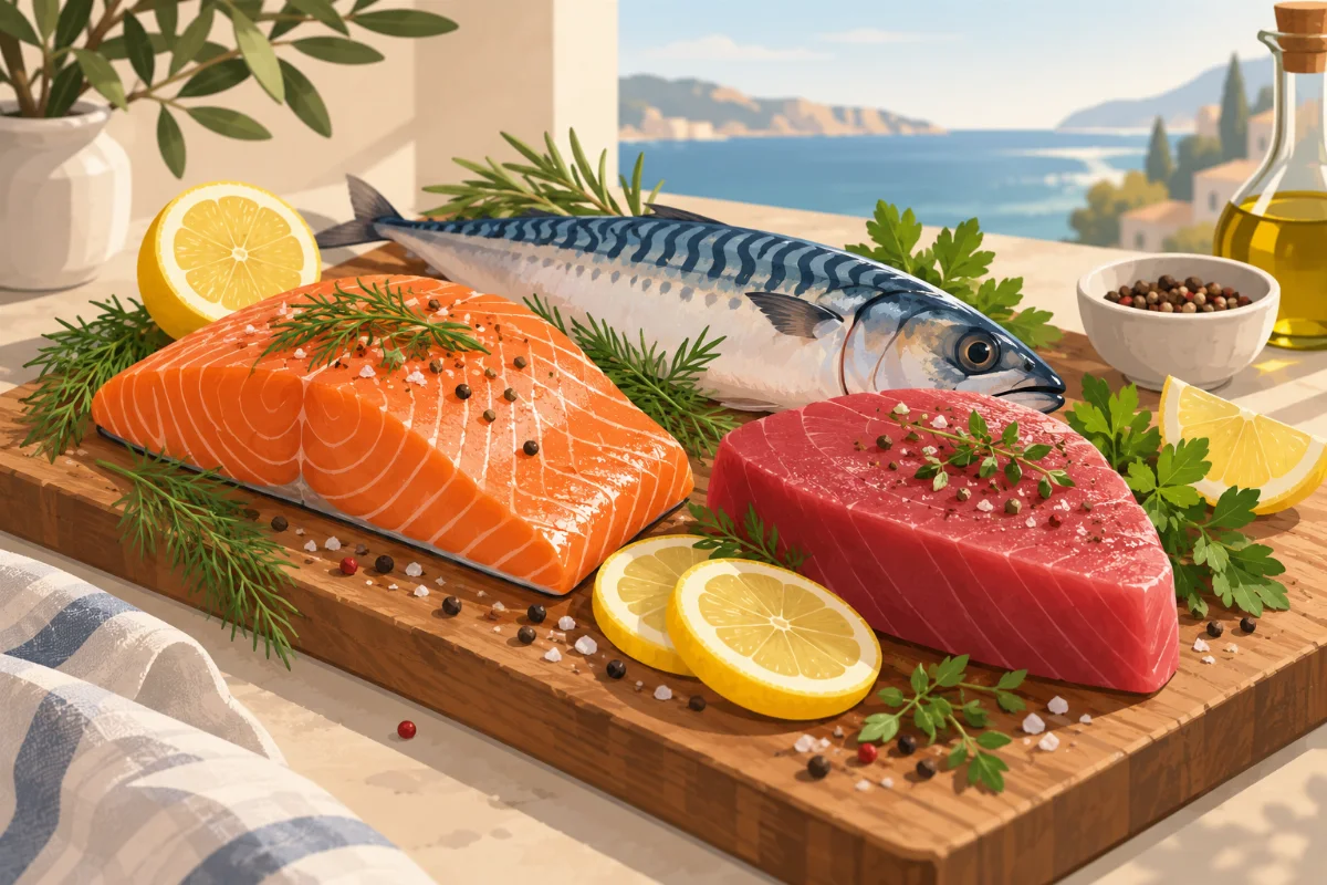 Frischer Lachs, Makrele und Thunfisch appetitlich auf einem Holzbrett angerichtet, umgeben von Zitronenscheiben und