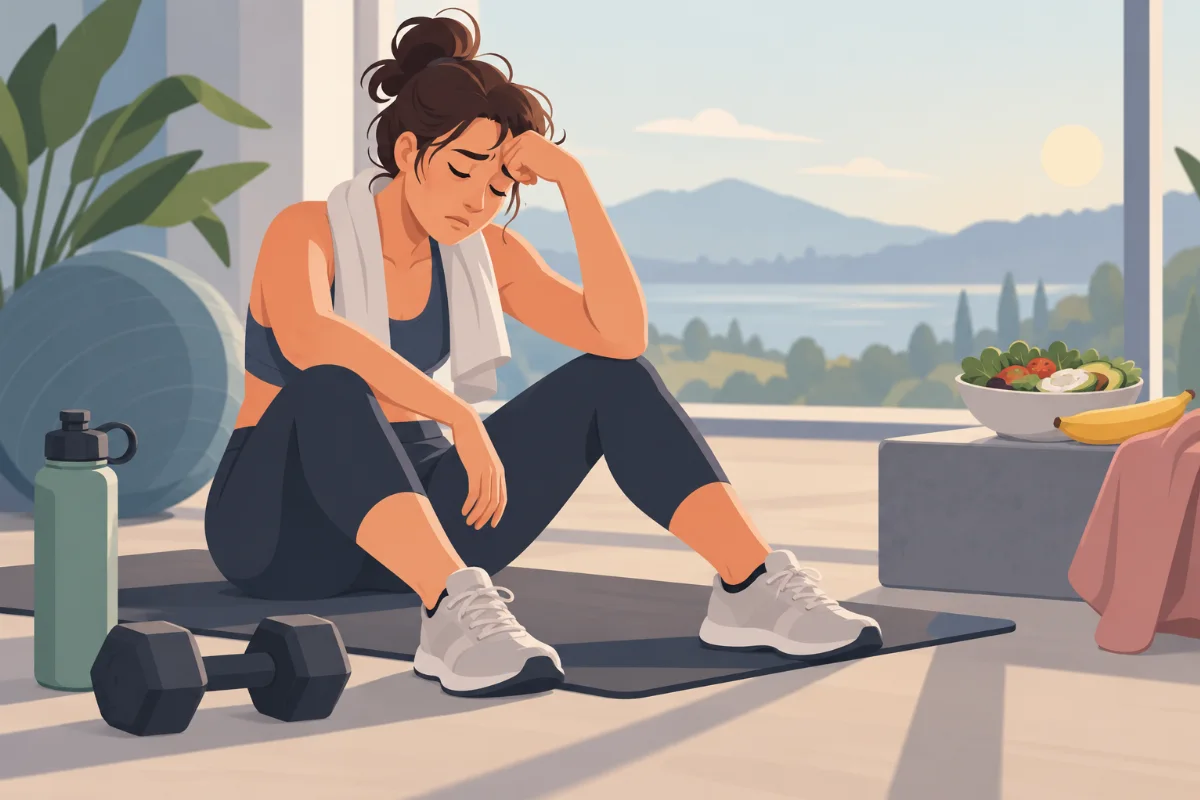 Illustration einer erschöpften Person, die sich beim Training kurz ausruht, Symbolbild für Energielosigkeit trotz Diät
