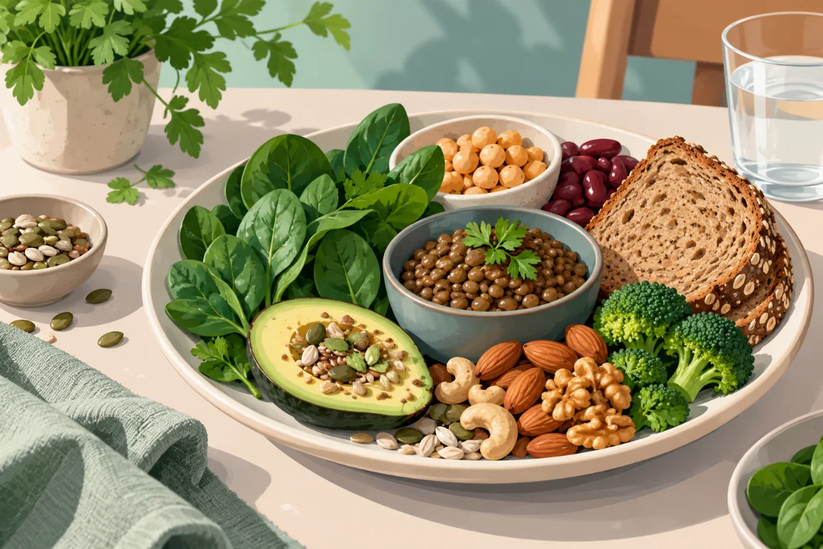 Bunter Teller mit eisen-, magnesium- und zinkreichen Lebensmitteln wie Spinat, Nüssen, Hülsenfrüchten und Vollkornbrot