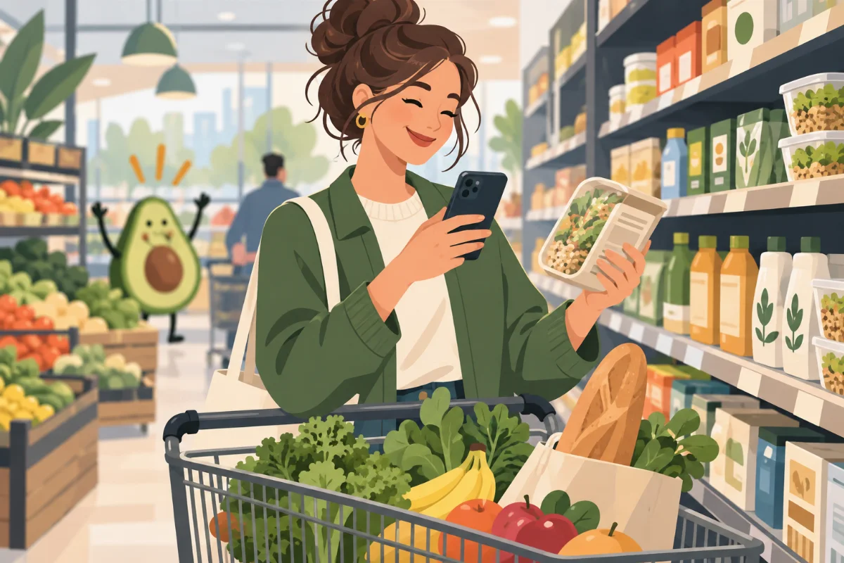 Lächelnde Person beim Einkaufen im Supermarkt, checkt Nährwertangaben auf dem Smartphone, motivierende und humorvolle