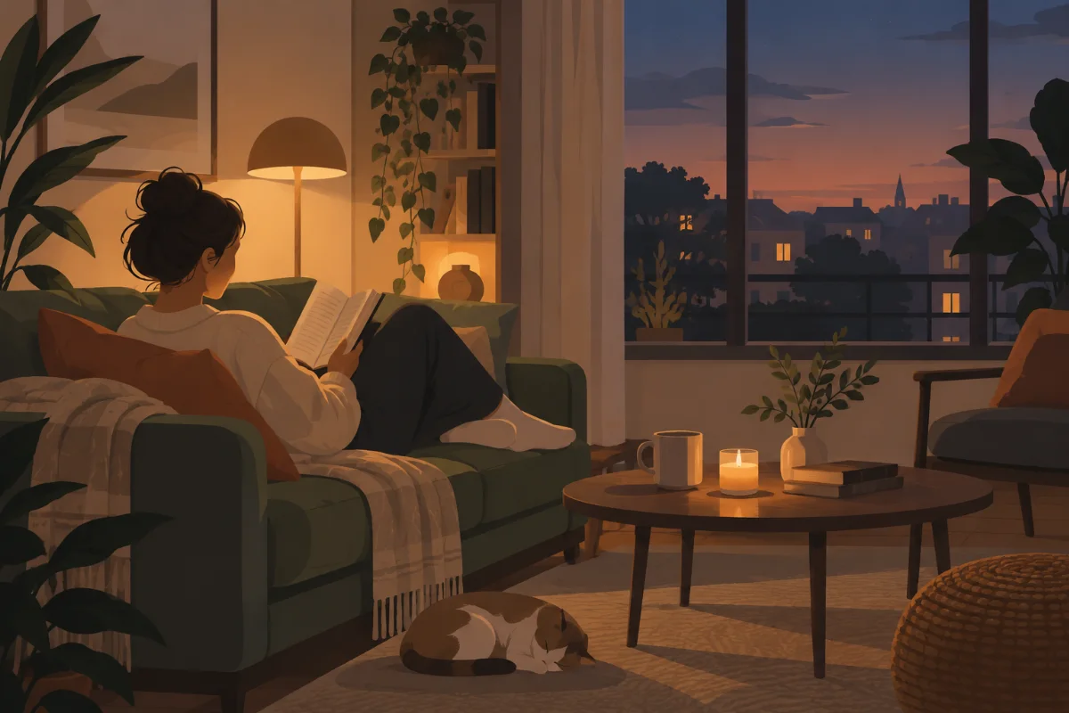 Gedimmtes Wohnzimmer am Abend, Person liest entspannt ein Buch statt aufs Smartphone zu schauen, ruhige warme Farben