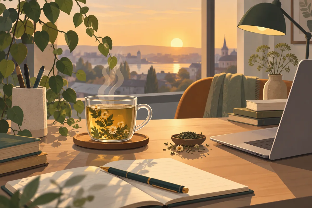 Tasse Kräutertee auf einem Schreibtisch am späten Nachmittag, warmes Licht, entspannte Arbeitsatmosphäre statt Kaffeehektik