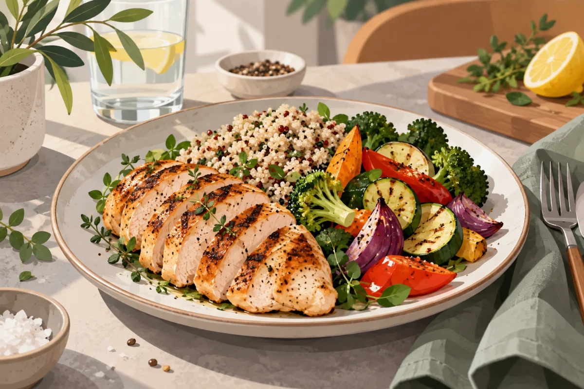 Ansprechend angerichteter proteinreicher Abendteller mit Hähnchen, Quinoa und Gemüse, natürliches Licht, appetitliche
