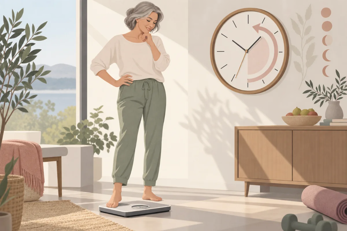 Lockere Illustration einer Frau Mitte 50, die lächelnd auf Waage und Wanduhr schaut, Symbolbild für den Stoffwechselwandel