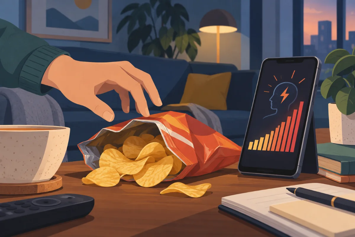 Humorvolle Szene: Hand greift nach Chips-Tüte während im Hintergrund ein Stress-Diagramm auf dem Handy-Bildschirm leuchtet