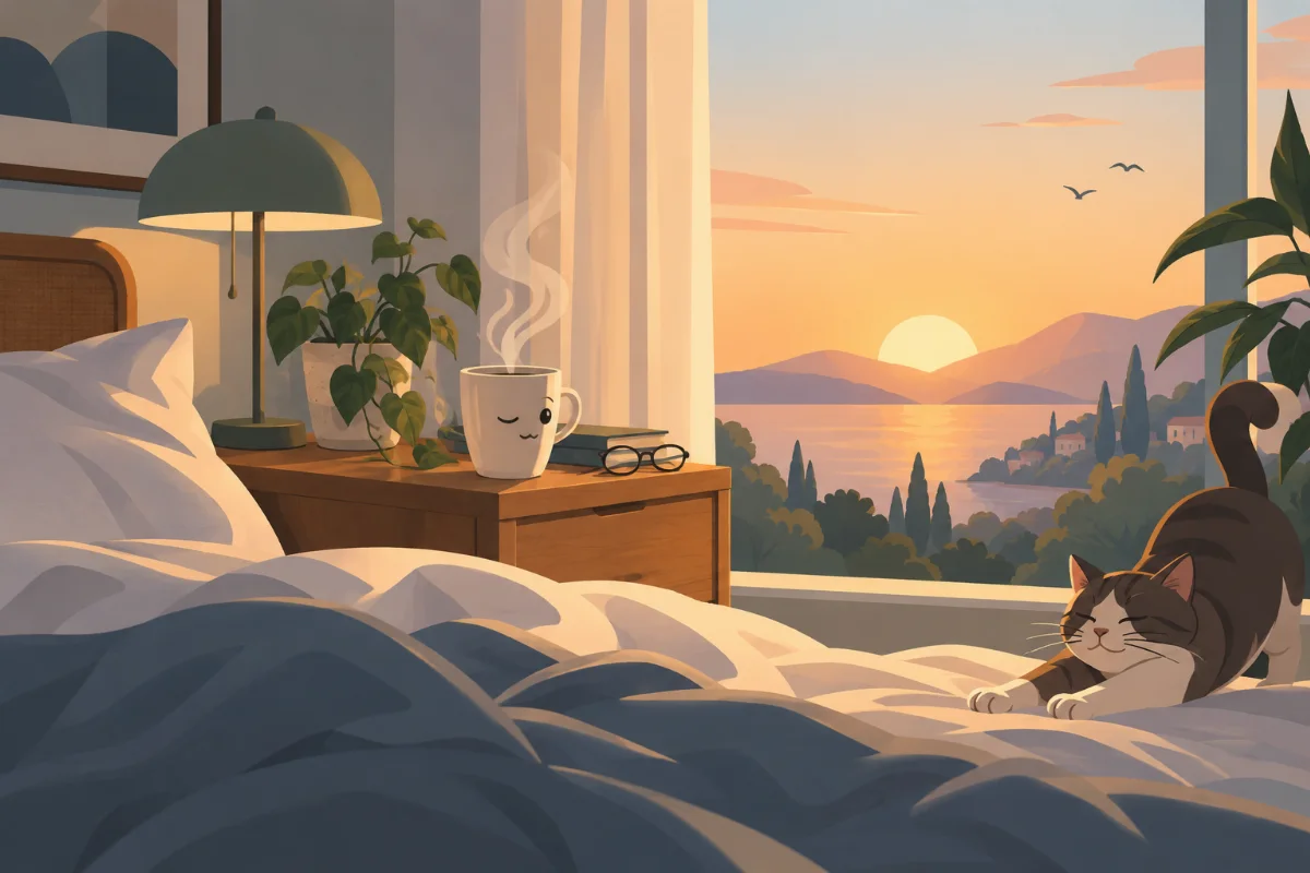 Dampfender Kaffeebecher auf dem Nachttisch direkt nach dem Aufwachen, Sonnenaufgang im Hintergrund, leicht augenzwinkernde