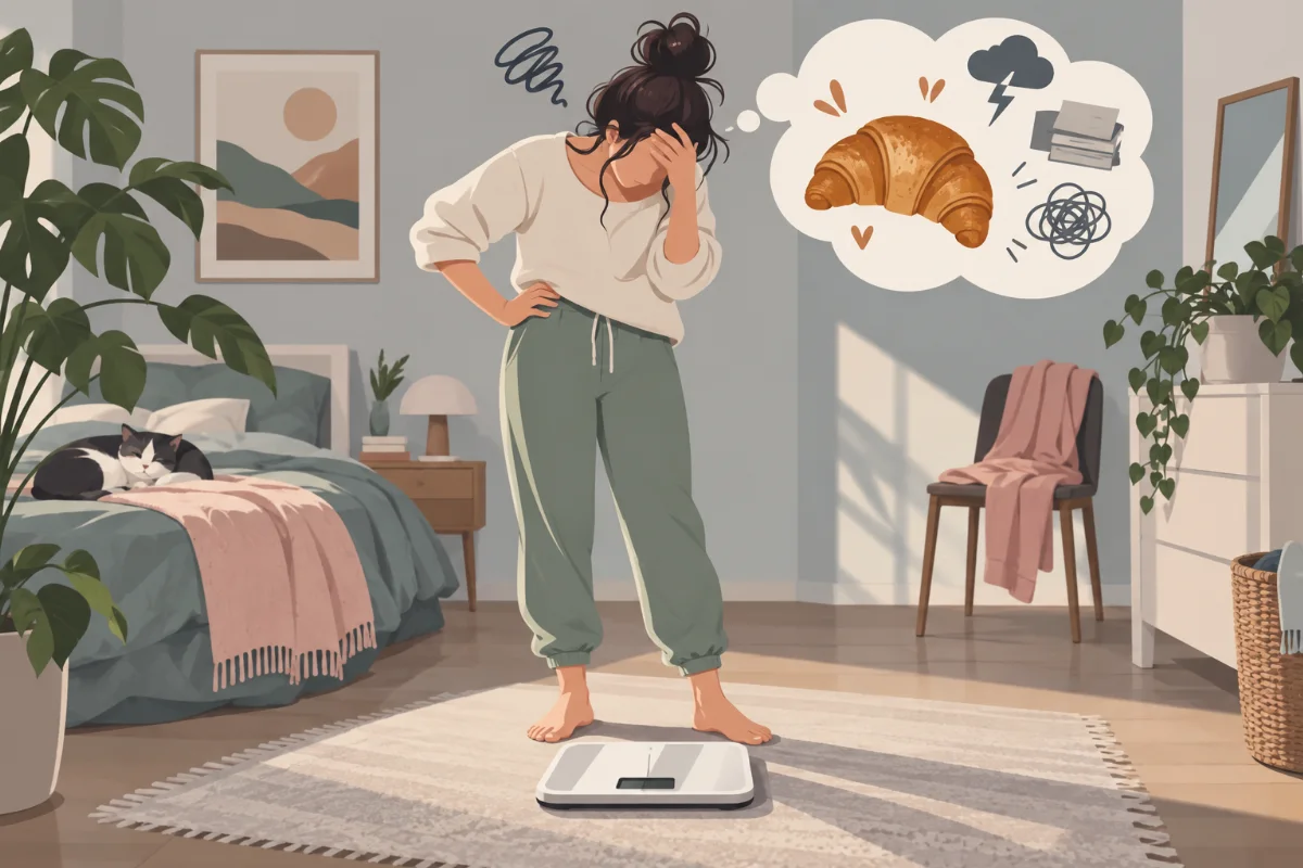 Person steht frustriert-humorvoll vor der Waage, Gedankenblase mit Croissant und Stress-Symbolen