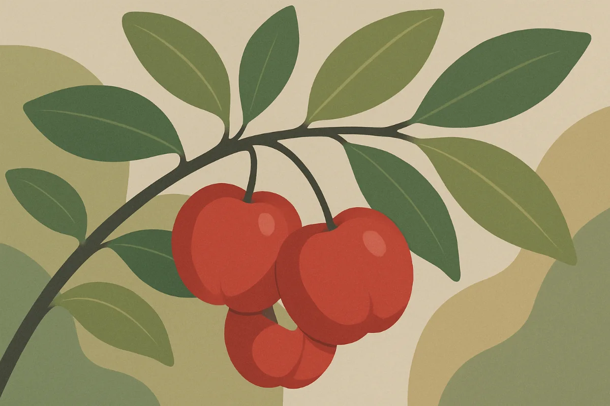 Frische rote Acerola-Kirschen an einem Zweig, close-up