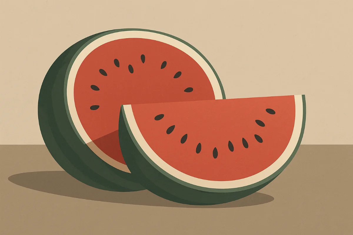 Aufgeschnittene Wassermelone mit rotem Fruchtfleisch und schwarzen Kernen