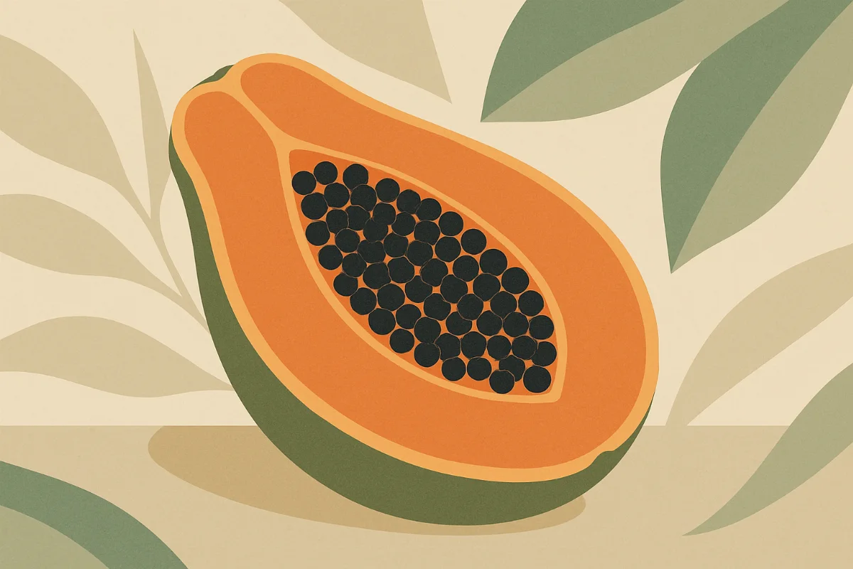 Halbierte Papaya mit orangefarbenem Fruchtfleisch und schwarzen Kernen