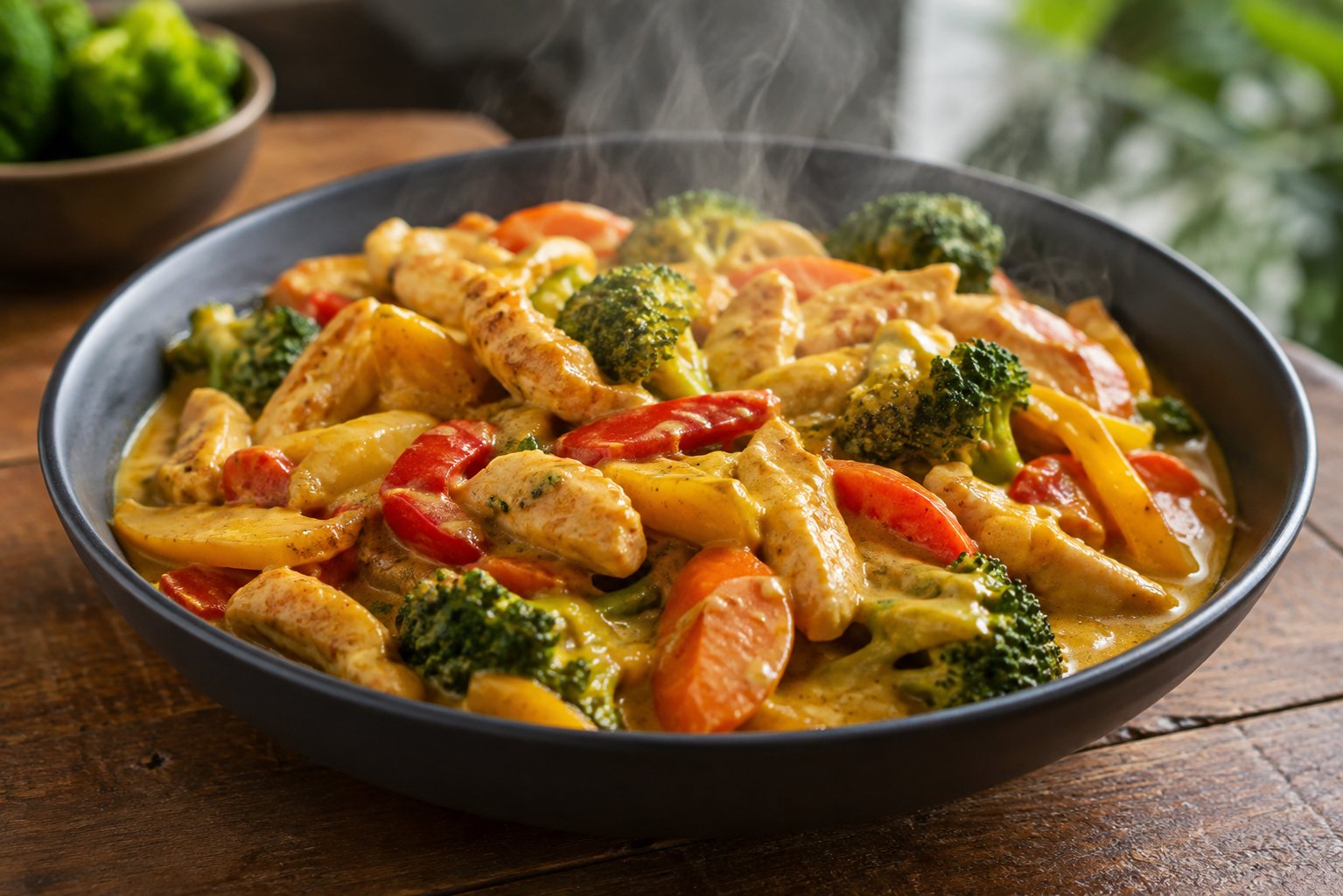 Hähnchen-Gemüse-Pfanne mit Curry – Rezept mit Kalorien und Nährwerten
