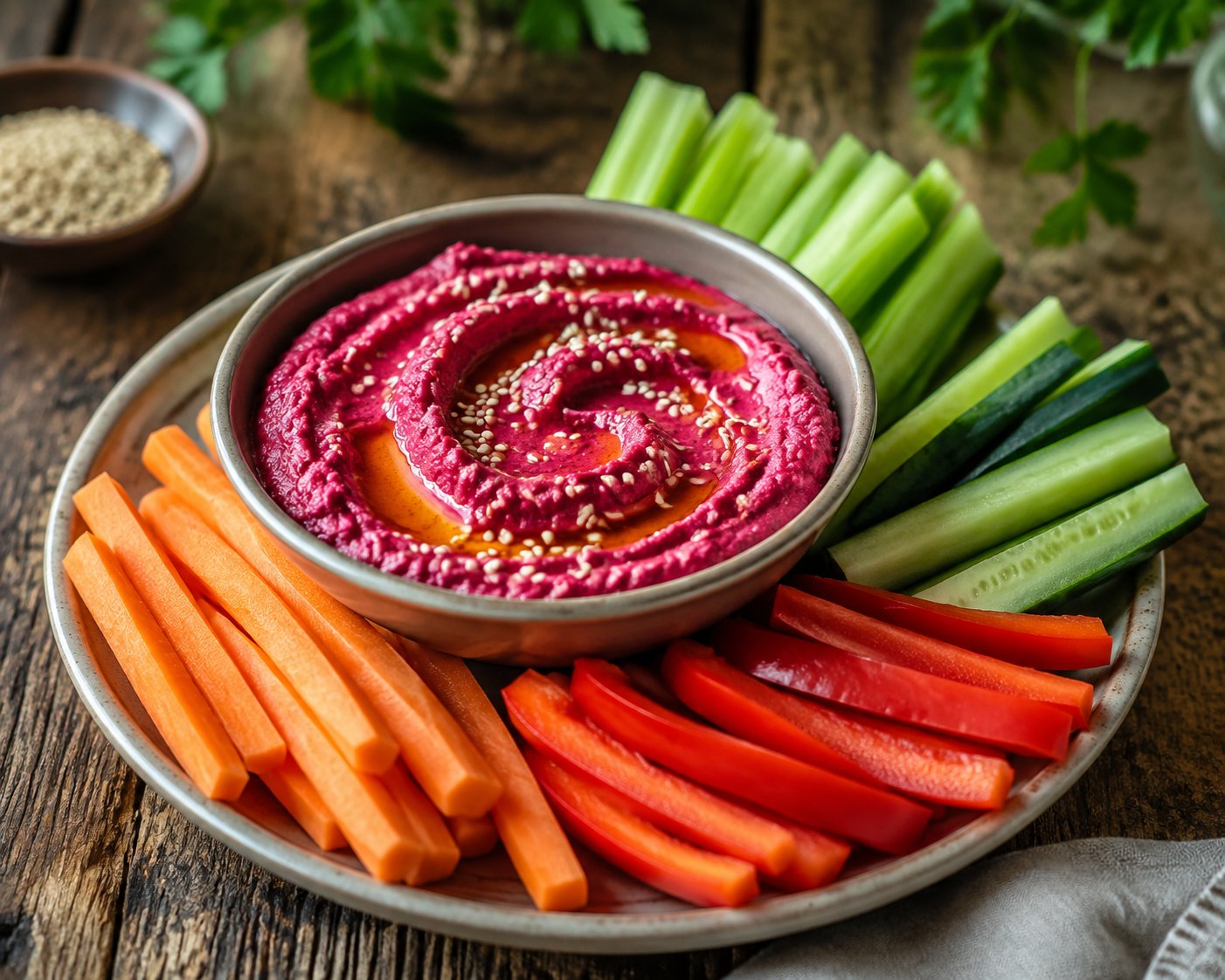 Rote-Bete-Hummus mit Gemüsesticks – Rezept mit Kalorien und Nährwerten