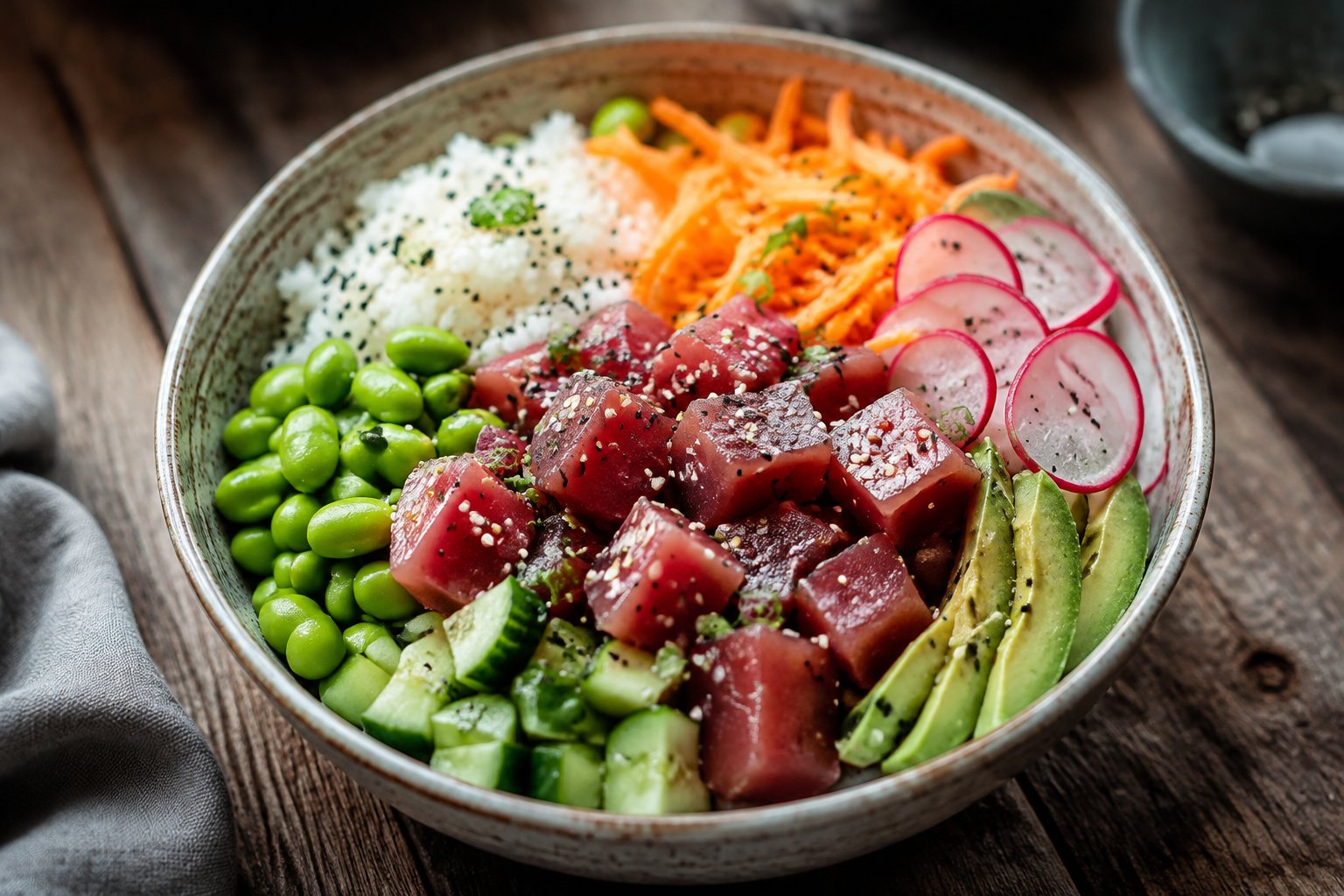 Thunfisch-Poke-Bowl mit Edamame – Rezept mit Kalorien und Nährwerten