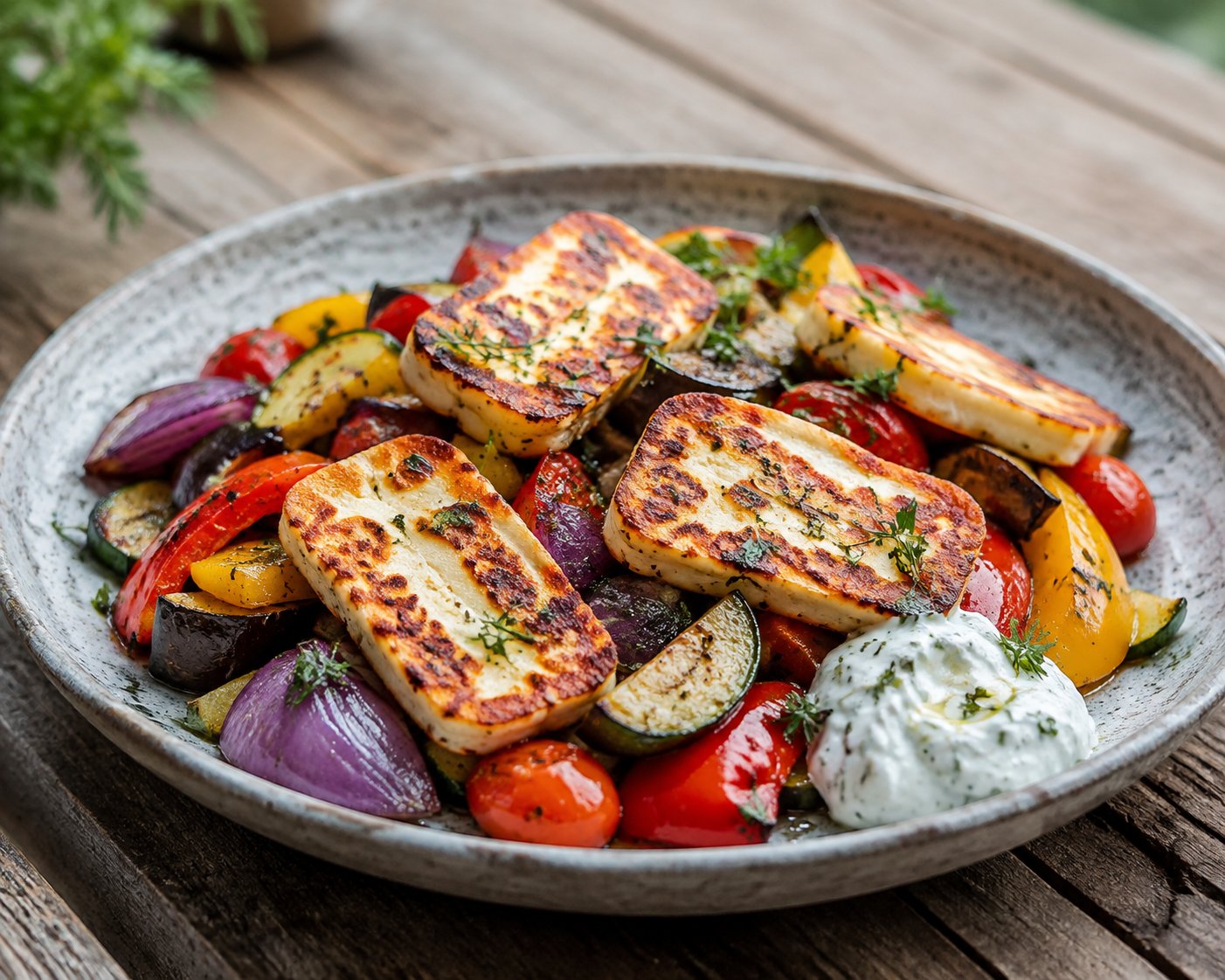 Ofengemüse mit Halloumi und Kräuterjoghurt – Rezept mit Kalorien und Nährwerten