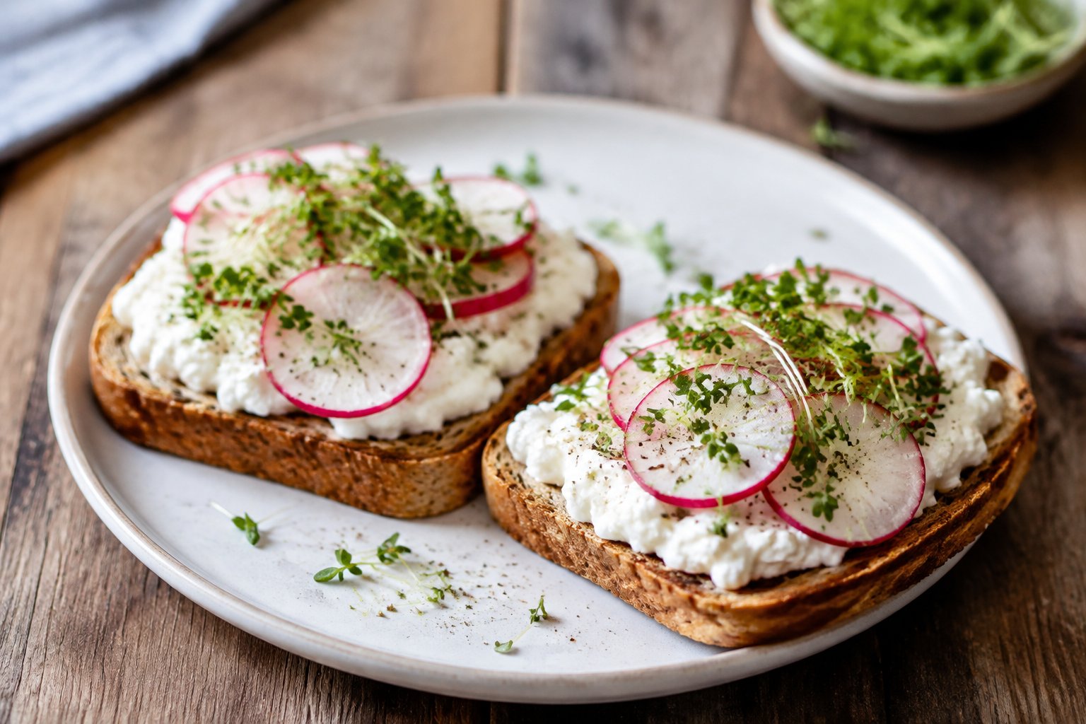 Hüttenkäse-Toast mit Radieschen und Kresse – Rezept mit Kalorien und Nährwerten