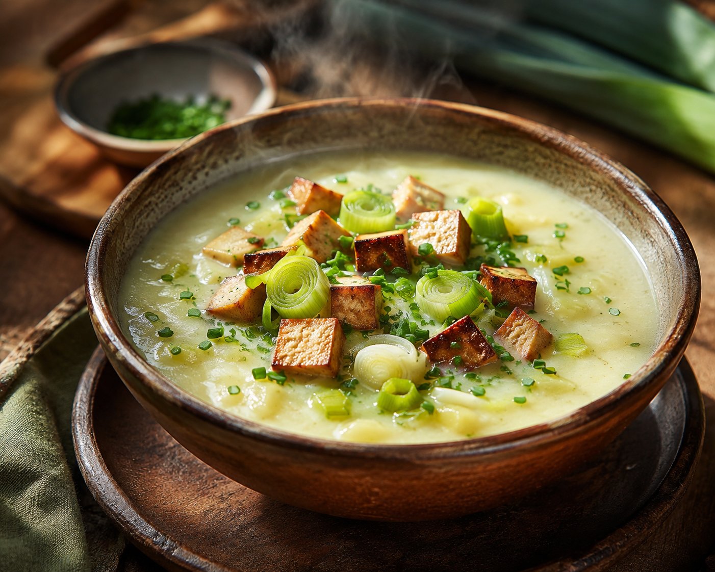 Kartoffel-Lauch-Suppe mit Räuchertofu – Rezept mit Kalorien und Nährwerten