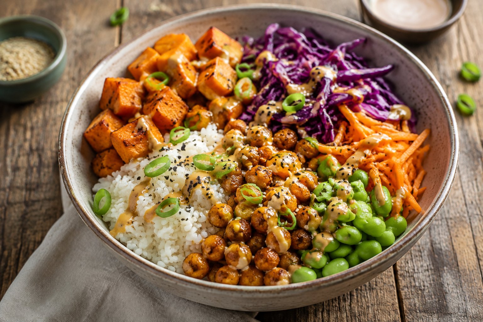 Vegane Buddha Bowl mit Erdnusssauce – Rezept mit Kalorien und Nährwerten