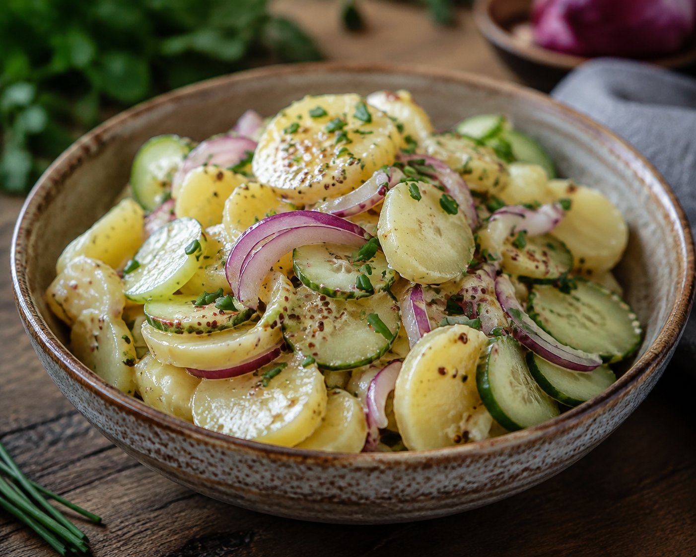 Deutscher Kartoffelsalat mit Gurke und Senfdressing – Rezept mit Kalorien und Nährwerten