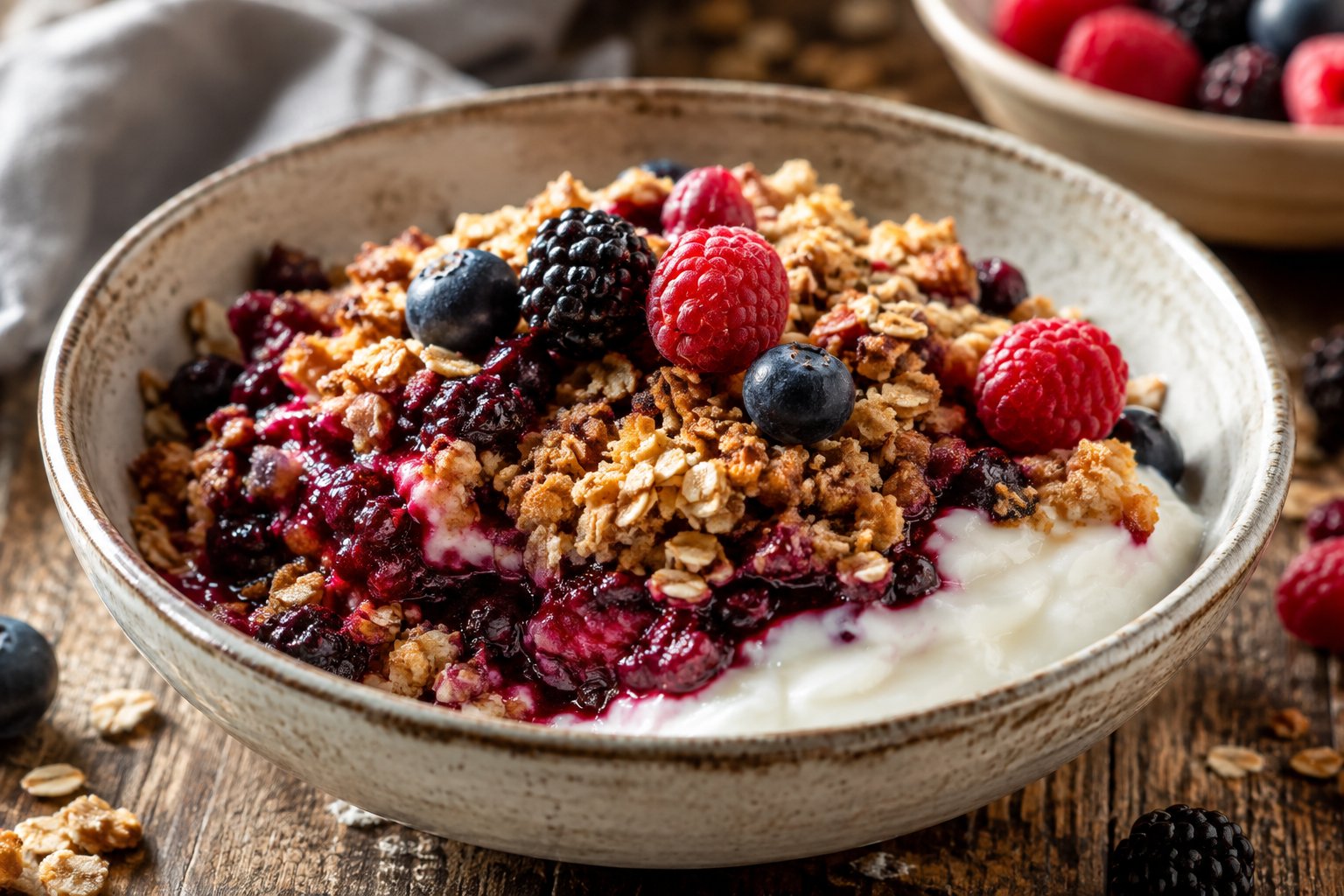 Griechischer Joghurt-Beeren-Crumble mit Haferflocken – Rezept mit Kalorien und Nährwerten