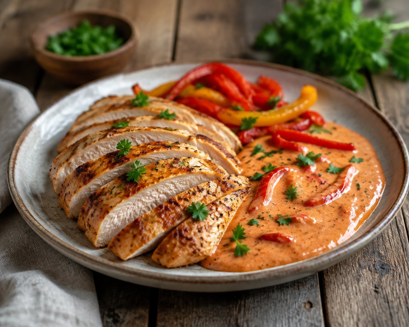 Gebackenes Hähnchenfilet mit Paprika-Joghurtsauce – Rezept mit Kalorien und Nährwerten