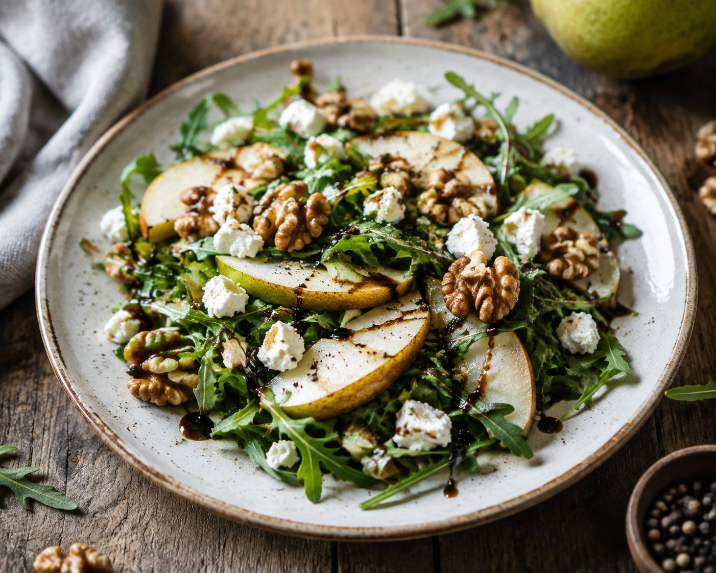 Rucola-Birnen-Salat mit Walnüssen und Ziegenkäse – Rezept mit Kalorien und Nährwerten