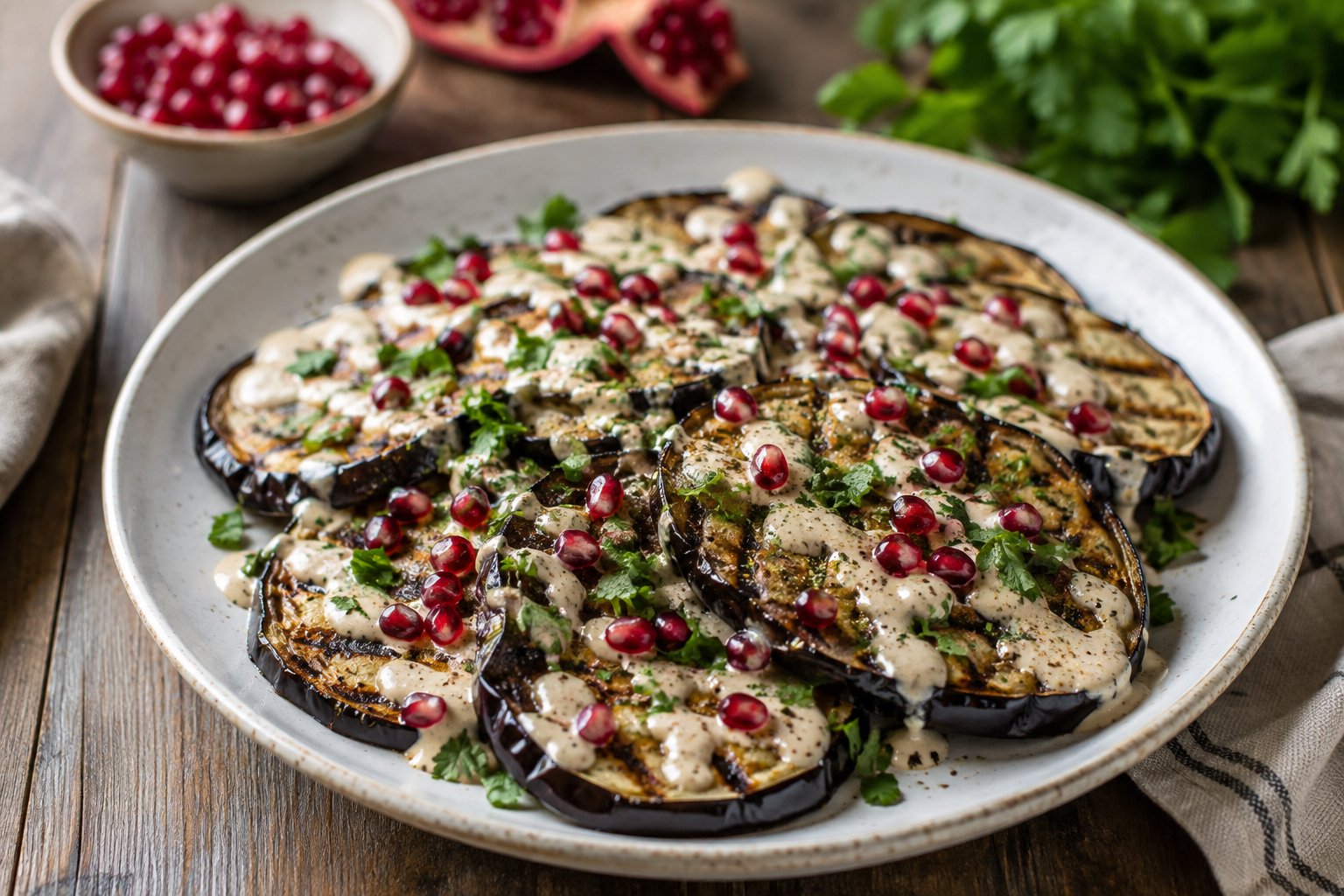 Gegrillte Auberginen mit Tahini-Granatapfel-Dressing – Rezept mit Kalorien und Nährwerten