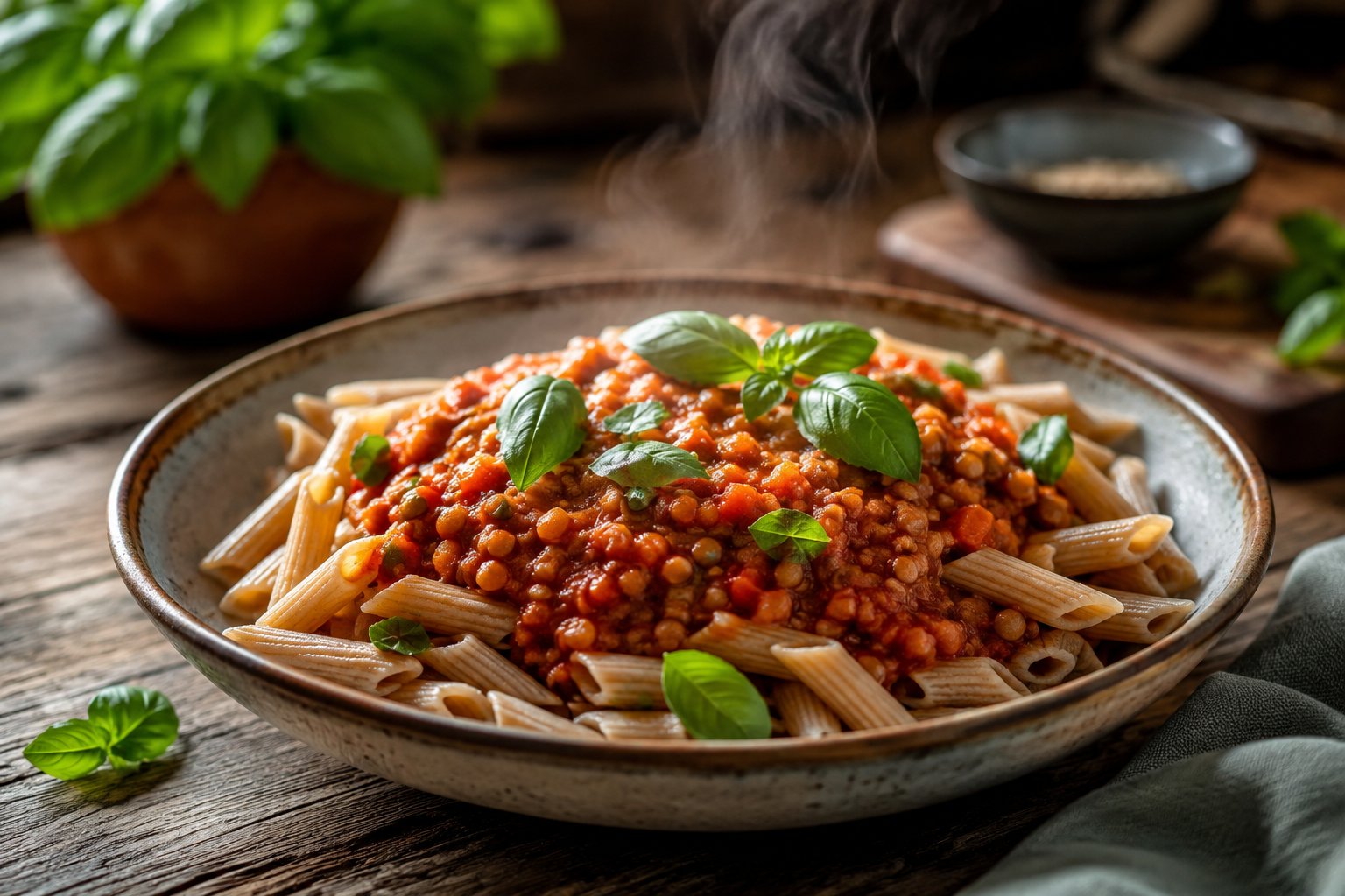 Vegane Linsenbolognese mit Vollkornnudeln – Rezept mit Kalorien und Nährwerten