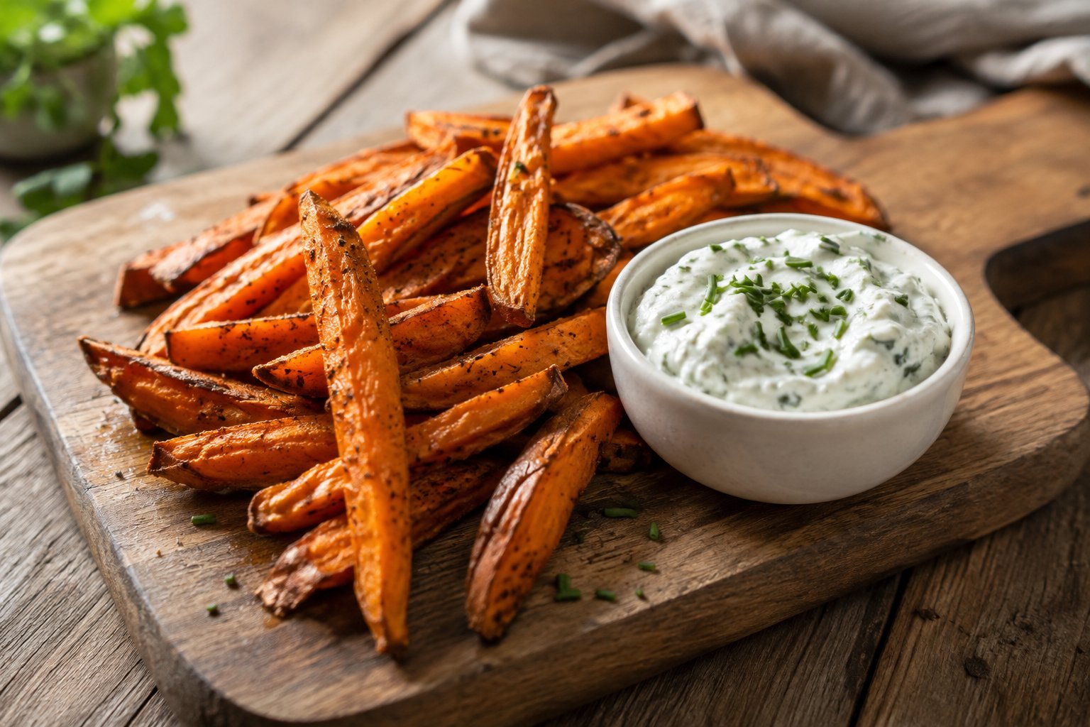 Gebackene Süßkartoffelpommes mit Kräuterquark – Rezept mit Kalorien und Nährwerten