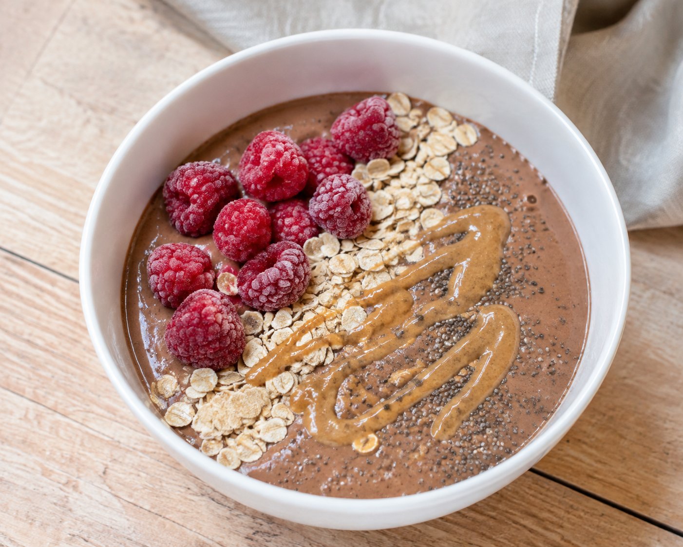 Proteinshake-Bowl mit Kakao und Himbeeren – Rezept mit Kalorien und Nährwerten