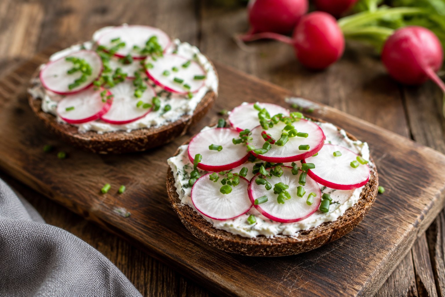 Roggenbrötchen mit Frischkäse und Radieschen – Rezept mit Kalorien und Nährwerten