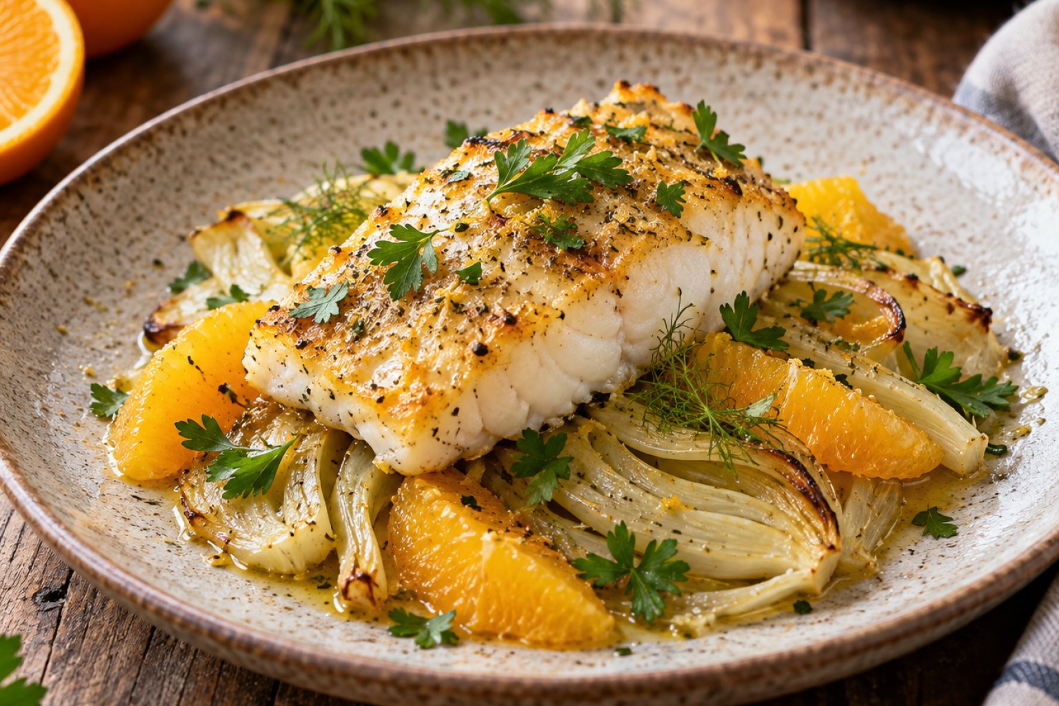 Gebackenes Kabeljaufilet mit Fenchel und Orange – Rezept mit Kalorien und Nährwerten