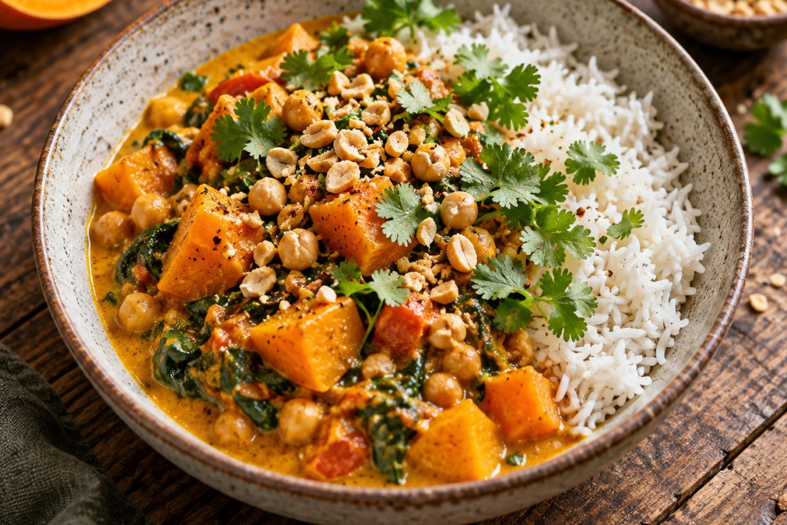 Vegane Curry-Kürbis-Kichererbsen-Bowl – Rezept mit Kalorien und Nährwerten