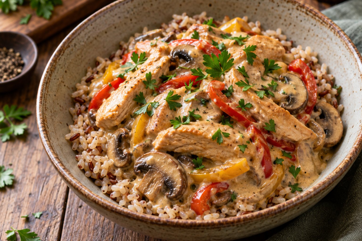 Putengeschnetzeltes Stroganoff mit Vollkornreis – Rezept mit Kalorien und Nährwerten