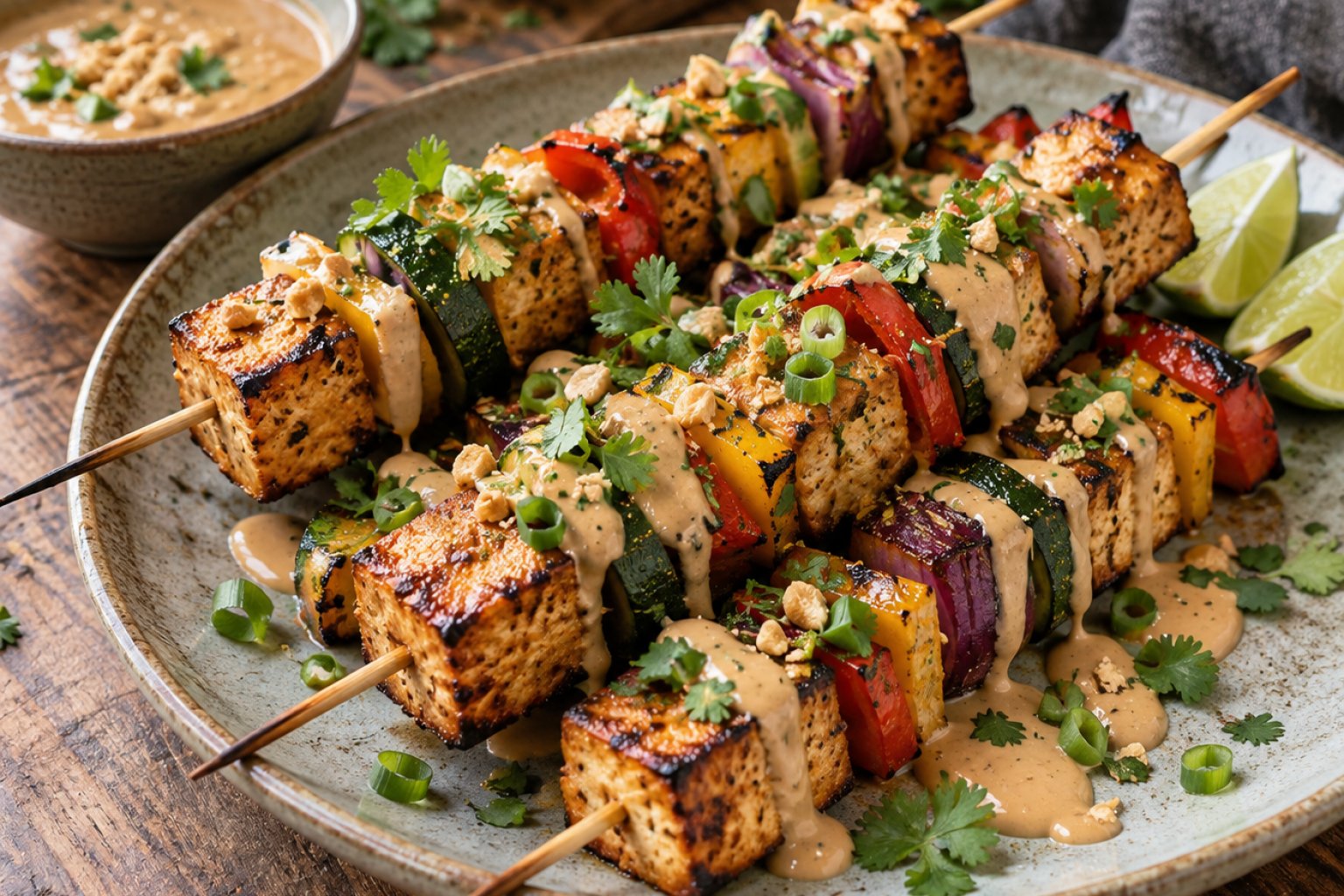 Marinierter Tofu-Spieß mit Erdnuss-Limetten-Sauce – Rezept mit Kalorien und Nährwerten
