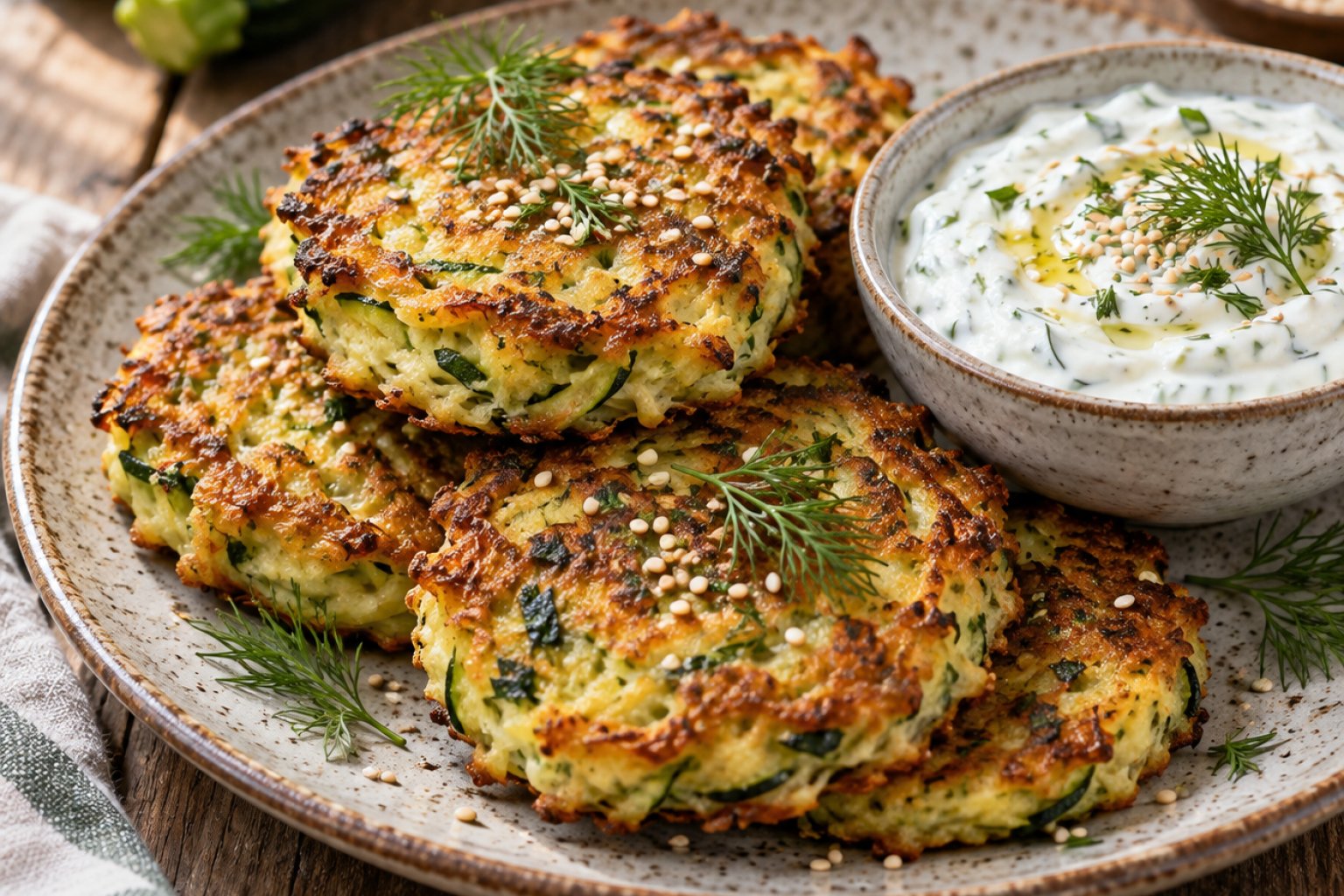 Gebackene Zucchini-Puffer mit Joghurt-Dip – Rezept mit Kalorien und Nährwerten