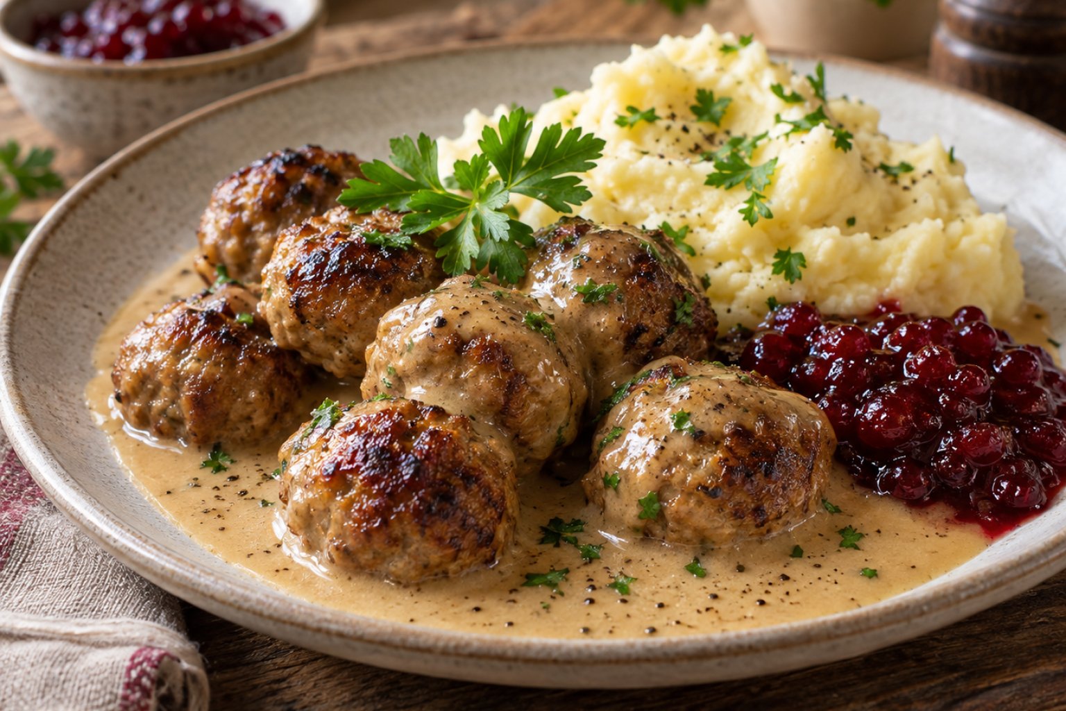 Schwedische Köttbullar mit Preiselbeersauce – Rezept mit Kalorien und Nährwerten